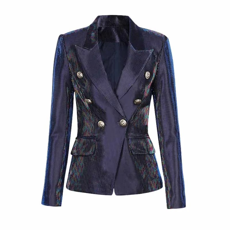 casual hooded coats for women -Women Sequins Dark Blue Blazer Long Sleeve Double breasted Party Jacket