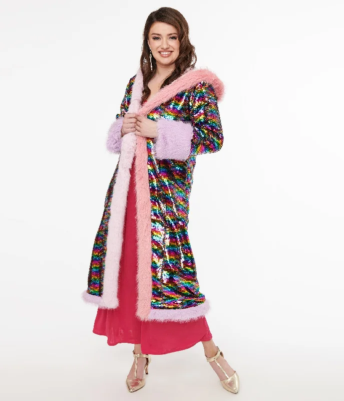 sporty parkas for women -Rainbow Sequin Long Coat