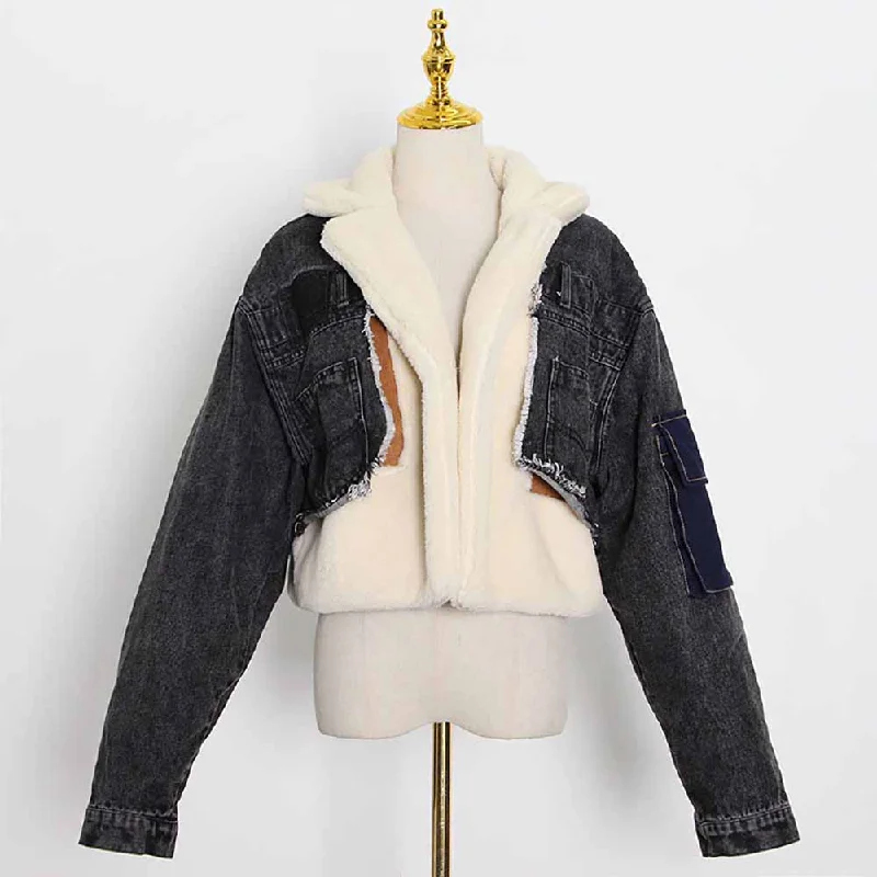 casual zip-up jackets for women -Women Denim Outwear Warm Jacket Patchwork Short Wool Coat