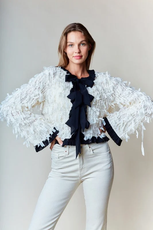 women's wool coats -Eliza Long Sleeve Bow Tie Fringed Jacket Ivory