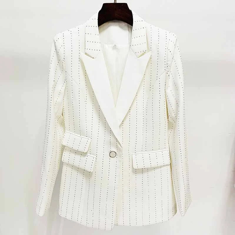 chic double-breasted blazers -Black White Blazer For Women Single Button Long Blazers Hot Drilling Jackets