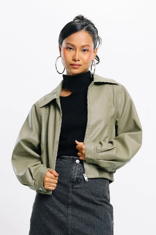 women's cargo jackets -Matcha Addict Leather Jacket