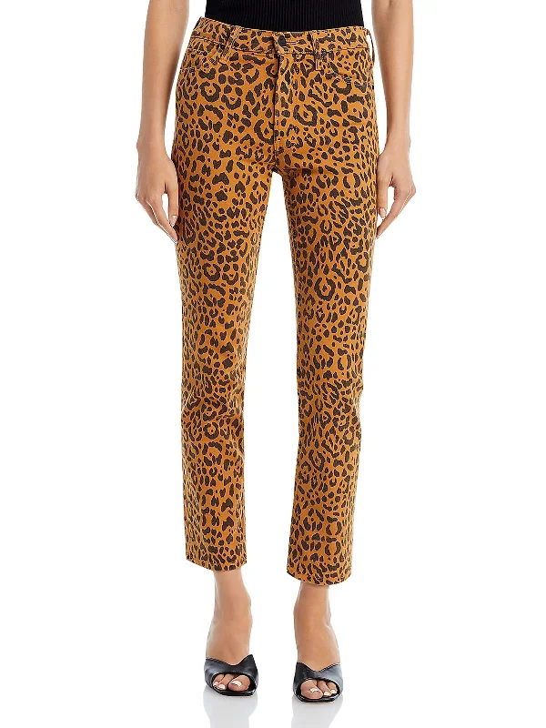 pleated fabric pants for women -Womens Mid-Rise Animal Print Ankle Jeans