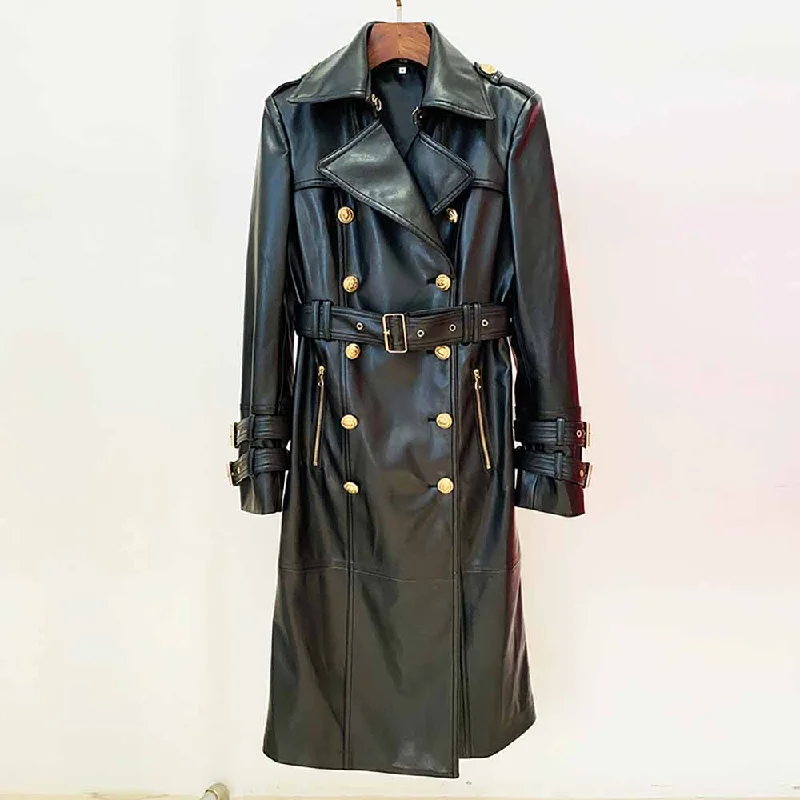 women's bomber jackets -Women Black Trench Leather Coata Double Breast Outwear Coat With Belt