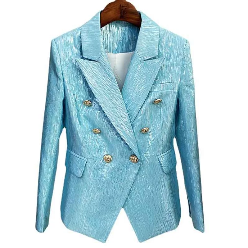 faux suede jackets for women -Women's Metal Lion Buttons Blue Fitted Blazer Coat