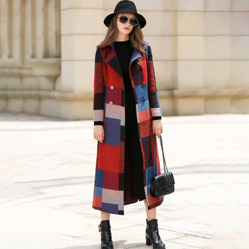 warm down jackets for women -Dressy Geometric Pattern Wool Blend Long Coat