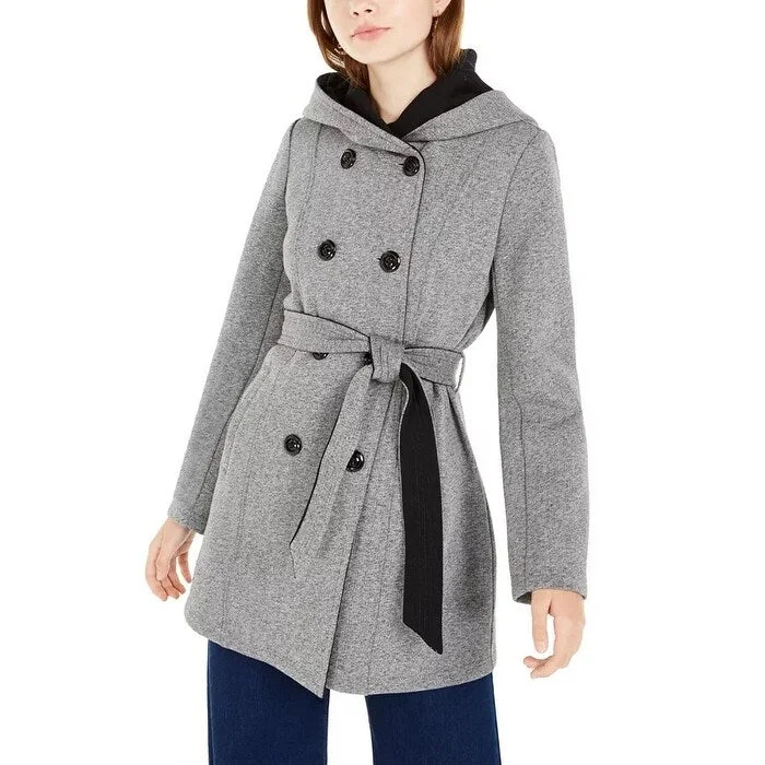 women's zip-up parkas -BCX Junior's Tweed Fleece Hooded Trench Coat Grey Size Large