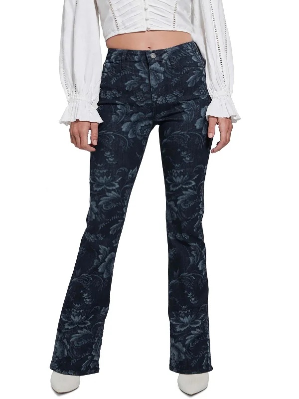 vintage denim pants for women -Adeline Womens High Rise Floral Print Flared Jeans