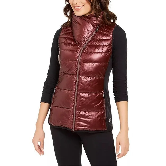 women's velvet jackets -Calvin Klein Women's Performance Metallic Funnel-Neck Puffer Vest Red Size Medium