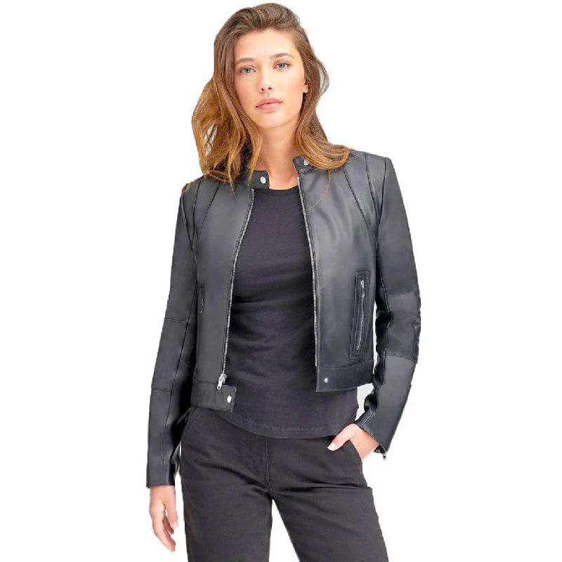 windproof jackets for women -ANDREW MARC Women's Moto Leather Jacket