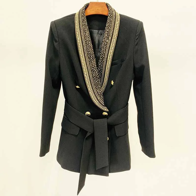 long trench coats for women -Womens Black Metal Coat Double Breasted Lion Button Blazer with Belt Outwear