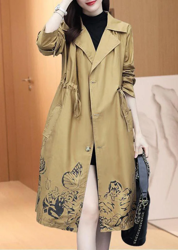 oversized coats for women -Classy Khaki Notched Print Drawstring Trench Coats Fall