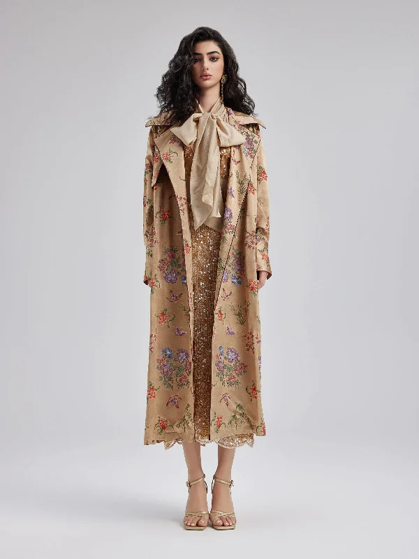 sleek leather jackets for women -Neo Chinese Style Silk Print Trench Coat