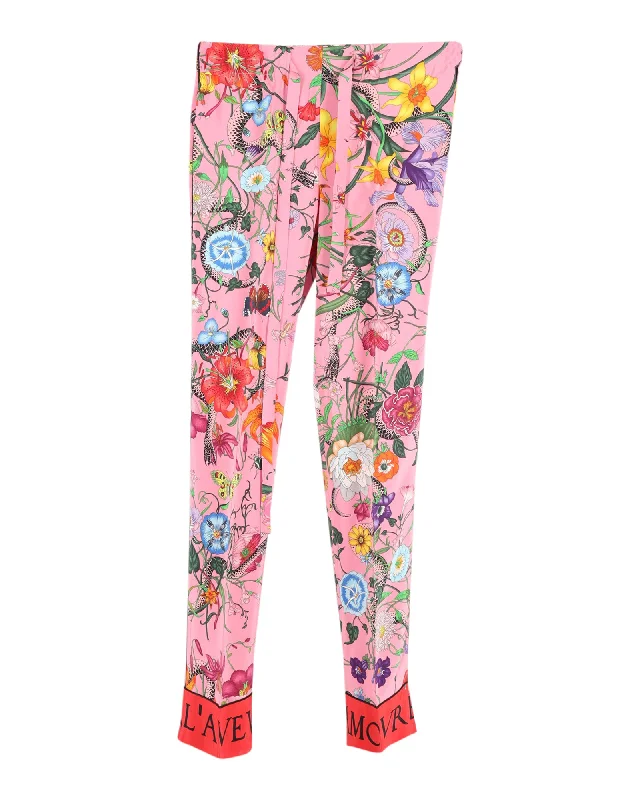 casual ankle-length pants for women -Gucci Snake Flora Print Trousers in Pink Silk