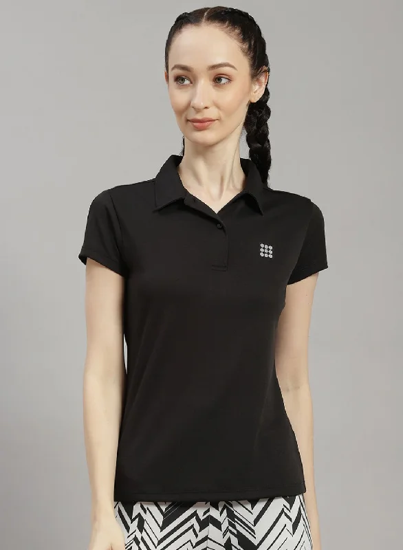 women's v-neck shirts -Women Black Solid T-Shirt