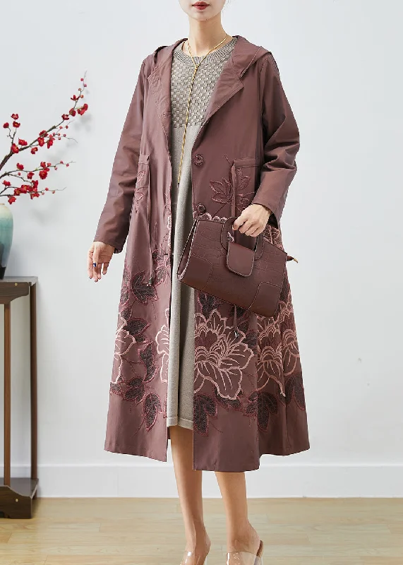 elegant pea coats for women -Pale Mauve Spandex Trench Coat Embroideried Tie Waist Fall