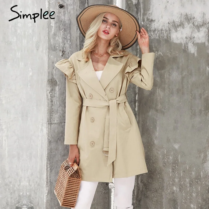 retro-style jackets for women -Ruffle trench coat women outerwear & coats Autumn sash pocket streetwear trench