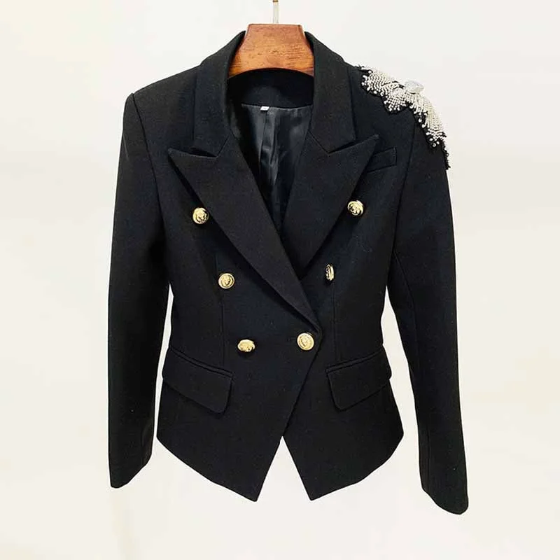 business casual jackets for women -Women's Black Coat Double-Breasted Blazer Jacket With Beads