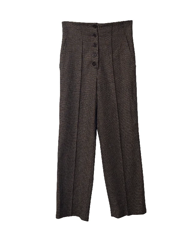 sleek office pants for women -Nanushka Houndstooth Straight Cut Trousers in Brown Polyester