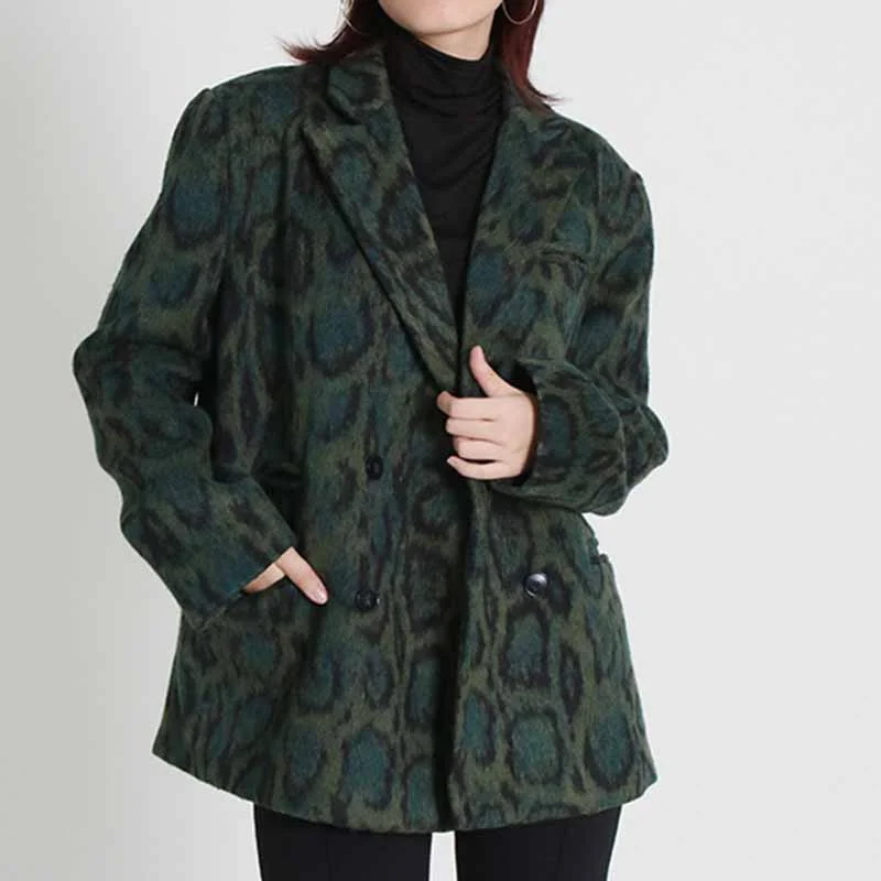 classic wool trench coats for women -Women winter coat leopard print loose outwear one button short coat