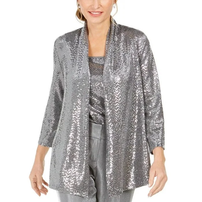 women's rainproof jackets -Kasper Women's Metallic Open-Front Jacket Silver Size Extra Large