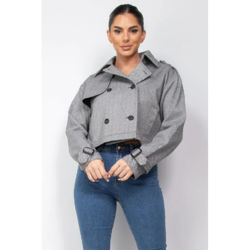 women's sleek bomber jackets -Notch Buckled Sleeve Crop Trench Coat