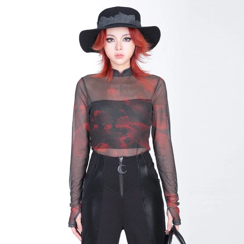 cute tops for women -Women's Grunge Stand Collar Tie-dye Sheer Mesh Shirt