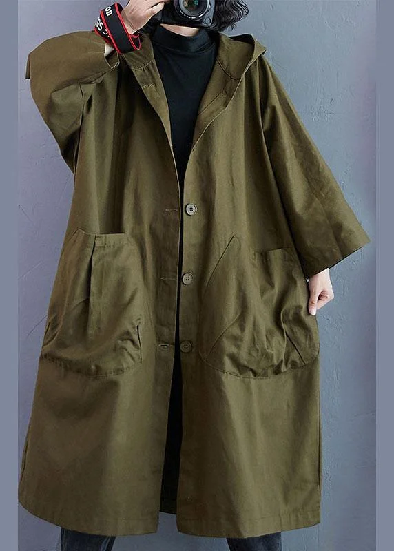 fleece-lined jackets for women -Elegant Army Green Pockets Button Fall Hooded Long sleeve Trench Coats