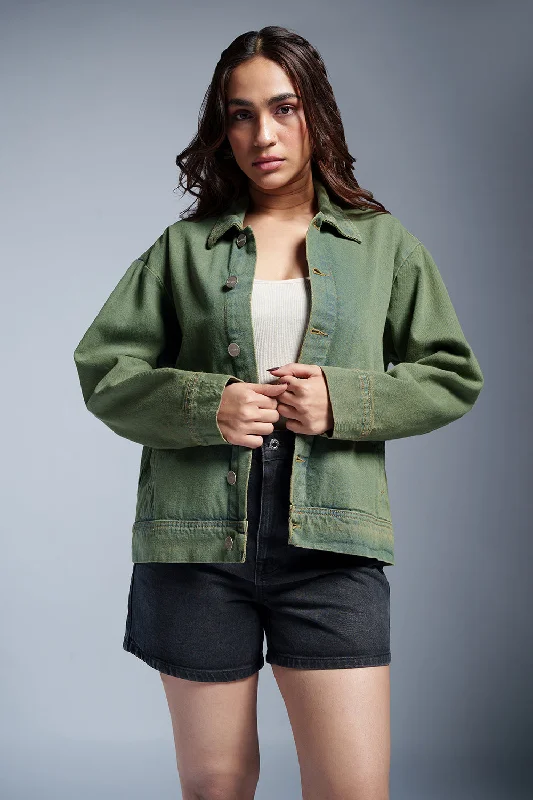 sleek leather jackets for women -Mossy Mint Denim Jacket