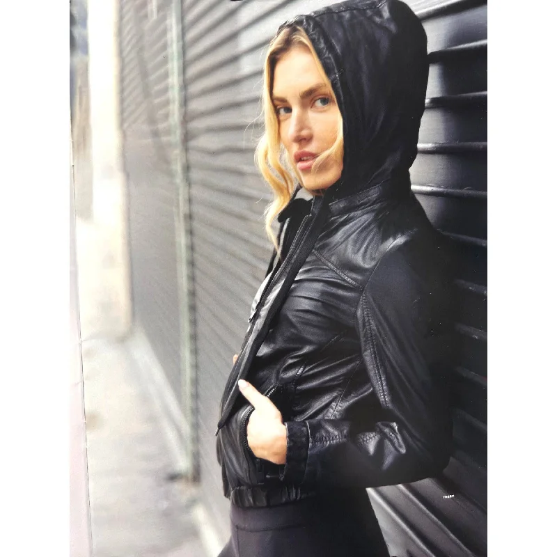 chic blazers with belts for women -Mauritius Women's Leather Bomber Jacket with Hood