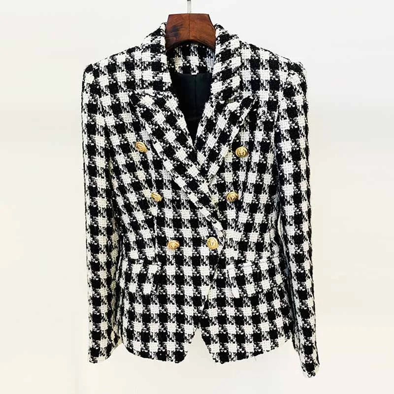 sleek leather jackets for women -Women's double breasted black and white houndstooth blazer jacket