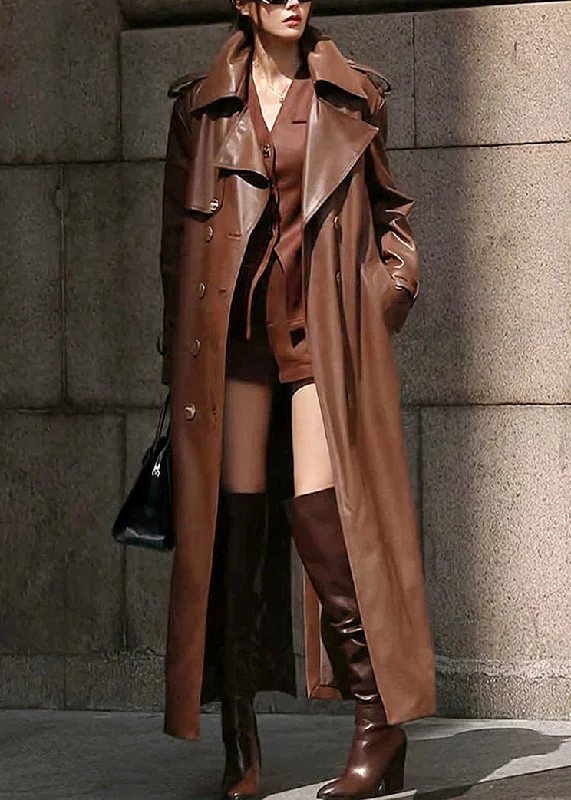 women's rainproof jackets -French Coffee Notched Button Faux Leather Long Trench Coat Winter