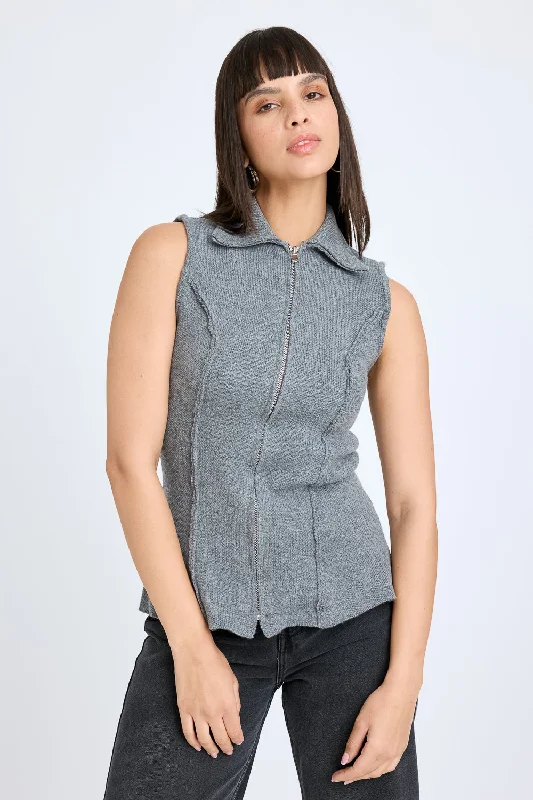 trendy puffer coats for women -Grey Sleeveless Collared Jacket