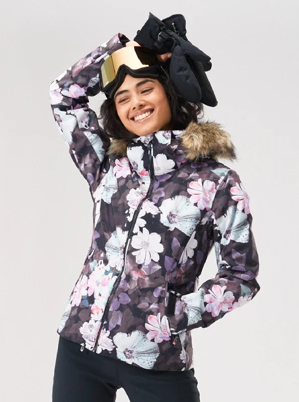 stylish rain jackets for women -Jet Ski Technical Snow Jacket - True Black Blurry Flower