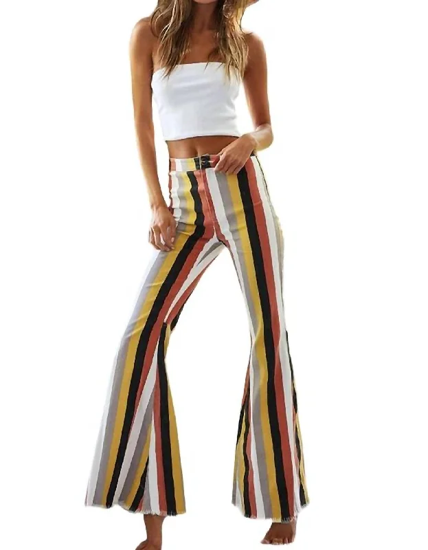 women's cargo pants -Multicolor Stripe Bell Bottom Pants In Red Multi