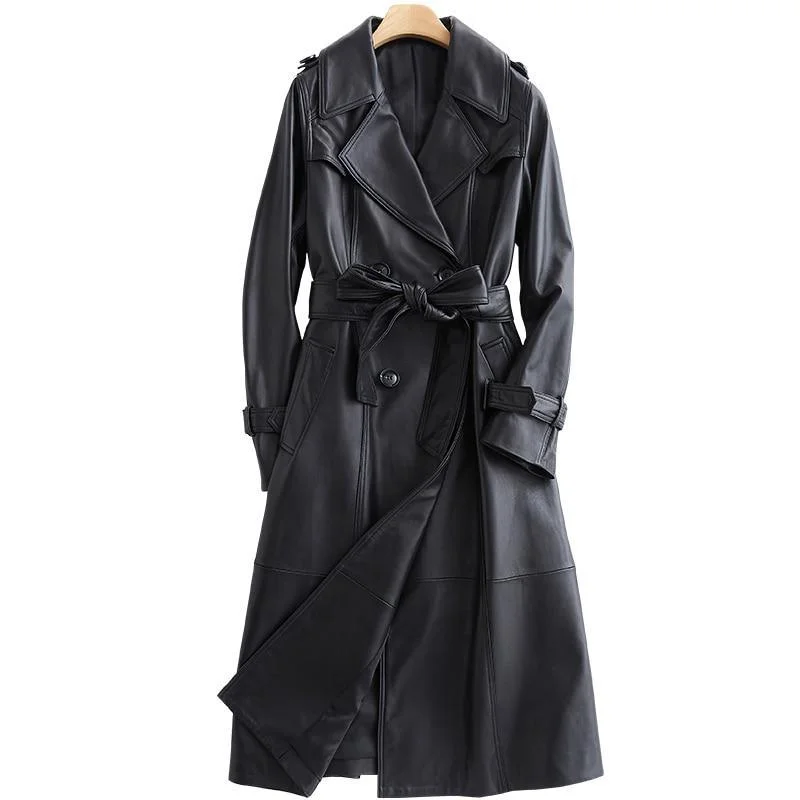 lightweight windbreakers for women -Black Lapel Leather Trench Coat For Women