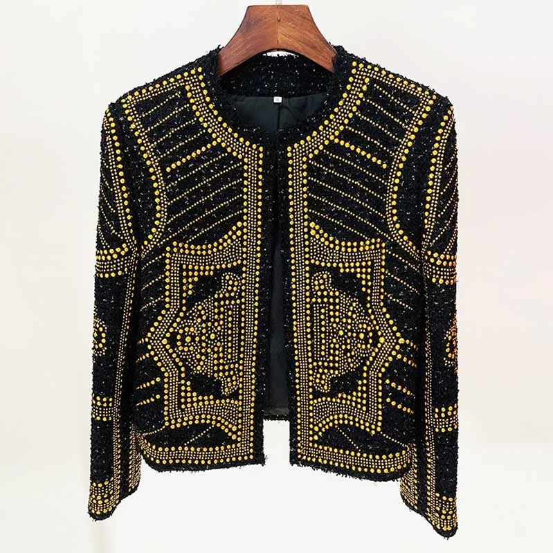 casual zip jackets for women -Ladies Gold Metal Beaded Tweed Woolen Round Neck Jacket Black