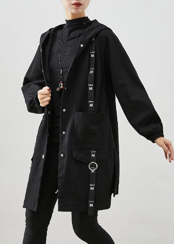 women's faux fur coats -Black Patchwork Cotton Hoodie Trench Coat Oversized Fall