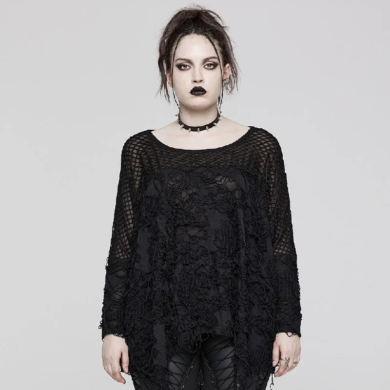 women's mesh tops -Women's Plus Size Gothic Irregular Ripped Mesh Splice Shirt