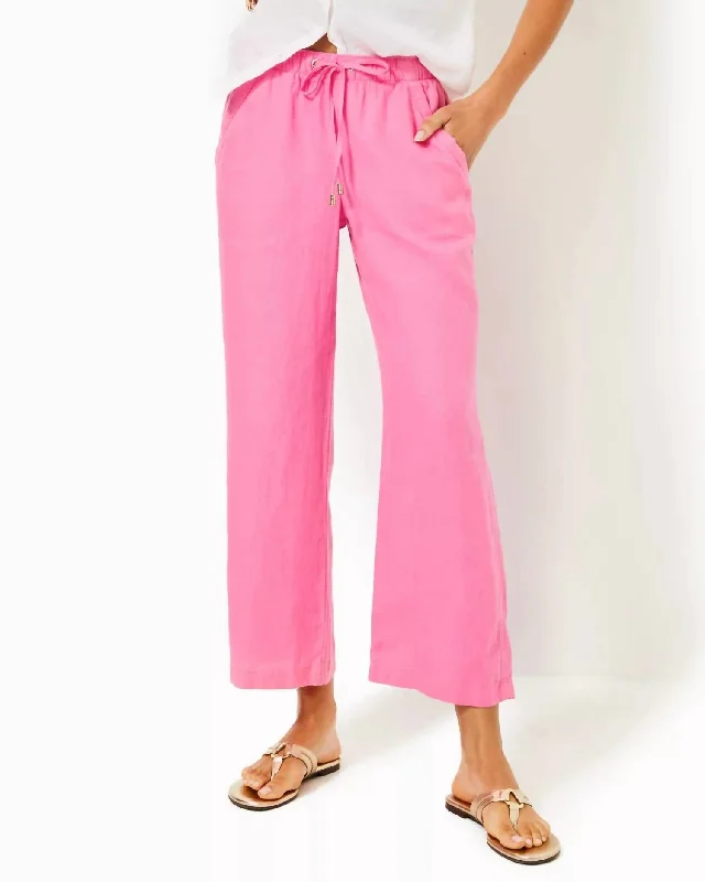 casual cropped denim pants for women -Brawley Linen Crop Pants In Confetti Pink