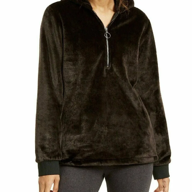 women's faux leather coats -ID Ideology Women's Plus Size Half-Zip Faux-Fur Hoodie Black Size 1X