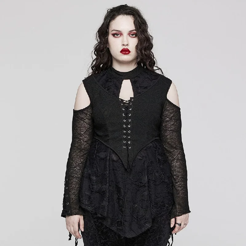 casual long sleeve shirts for women -Women's Plus Size Gothic Strappy Off Shoulder Ripped Shirt