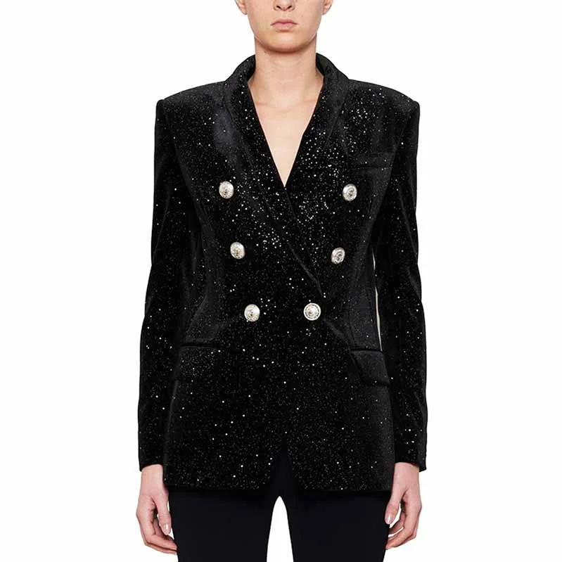 office coat blazers for women -Women's Double Breasted Blazer Gold Buttons Autumn Winter Black Velvet Jacket