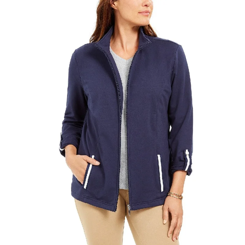 casual jackets for women -Karen Scott Women's Sport French Terry Ribbon-Trim Jacket Blue Size S - Small