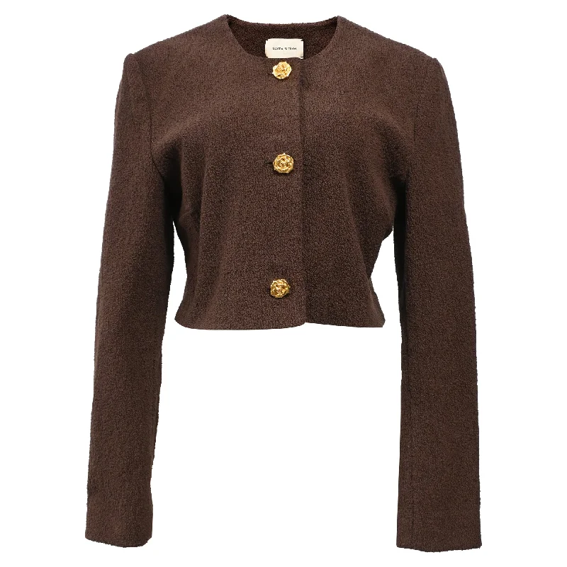 casual jackets for women -Magda Butrym Flow-Embellished Button Crop Blazer in Brown Cotton