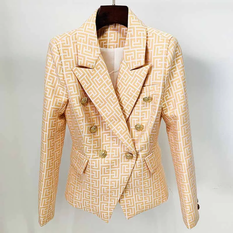 tailored coats for women -Women's Gold Blazer Labyrinth Pattern Jacket Coats with Gold Buttons