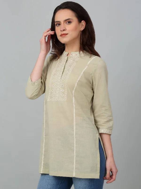 women's work blouses -Women's Band Collar Mintgreen Embroidered Short Length Kurti