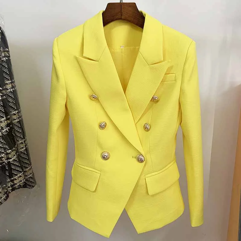 women's trench coat with belt -Women's Fitted Gold Lion Buttons Fitted Jacket Fluorescent Green Blazer