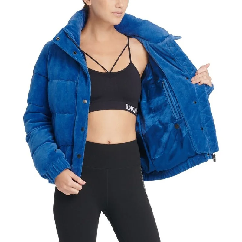 windproof jackets for women -DKNY Women's Sport Velour Puffer Jacket Ocean Size Medium - Blue