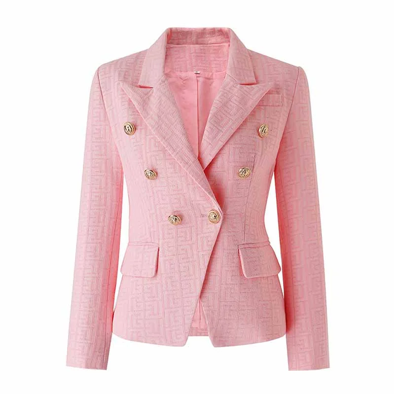 fleece-lined parkas for women -Women's Double Breasted Lion Buttons Pink Blazer Jacket